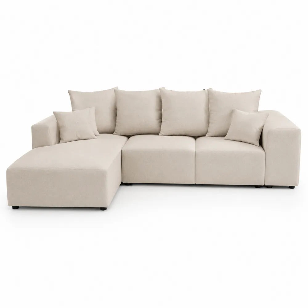 Canapé d’angle gauche 3 places avec méridienne tissu polyester effet lin 280 cm x 160 cm x 85 cm pieds noir structure bois
