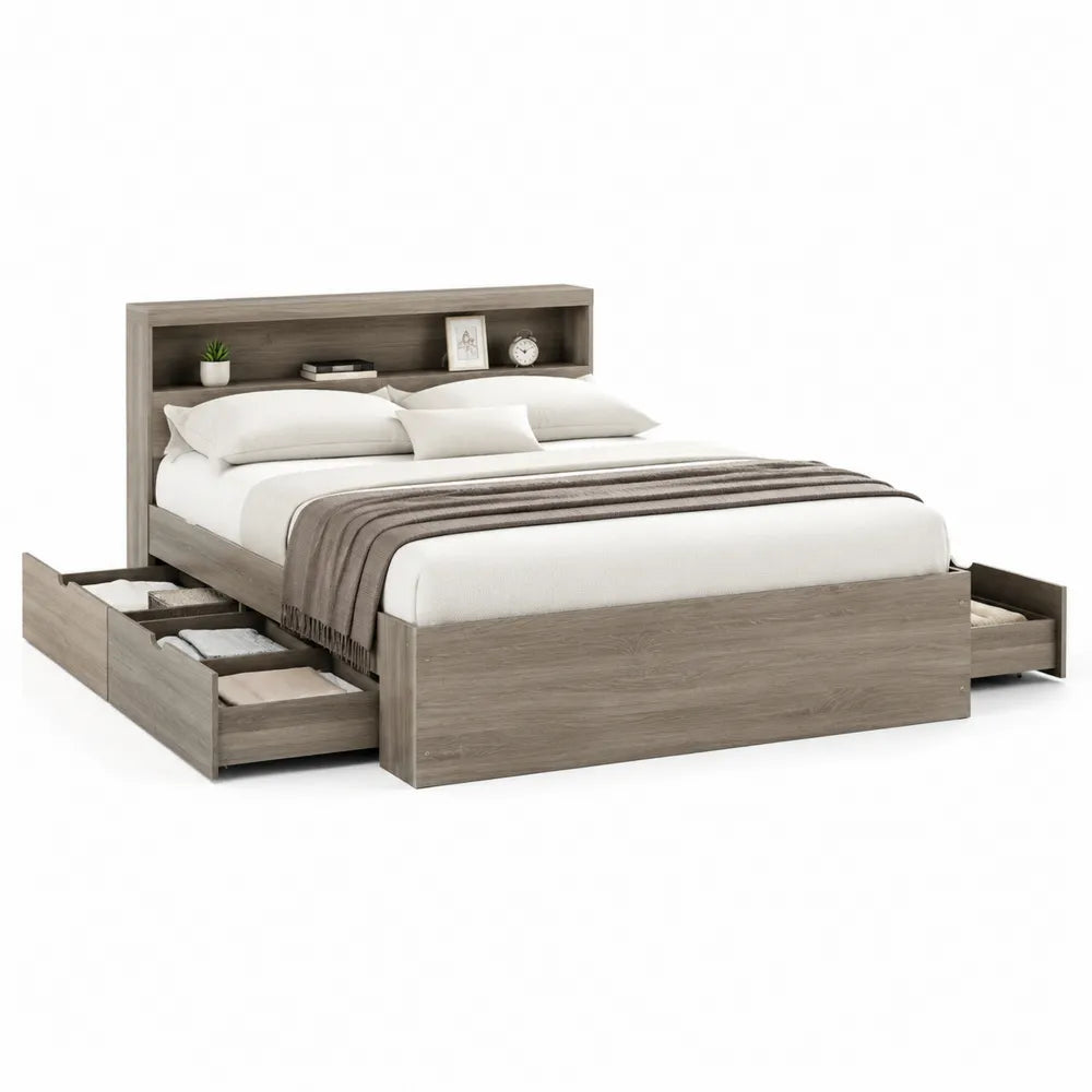 Lit double 160 x 200 cm cadre avec tiroirs de rangement tête de lit étagère intégrée en MDF finition bois gris structure rectangulaire