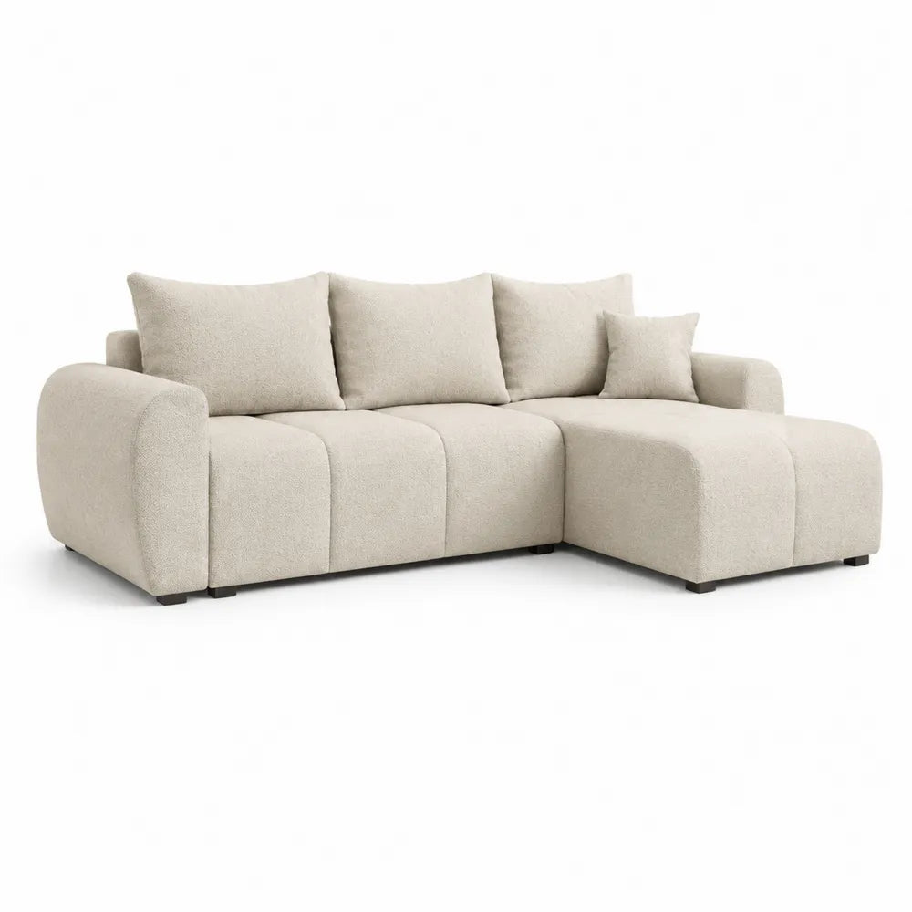Canapé d’angle droit 3 places avec méridienne tissu polyester effet lin beige 260 cm x 160 cm x 85 cm pieds noirs