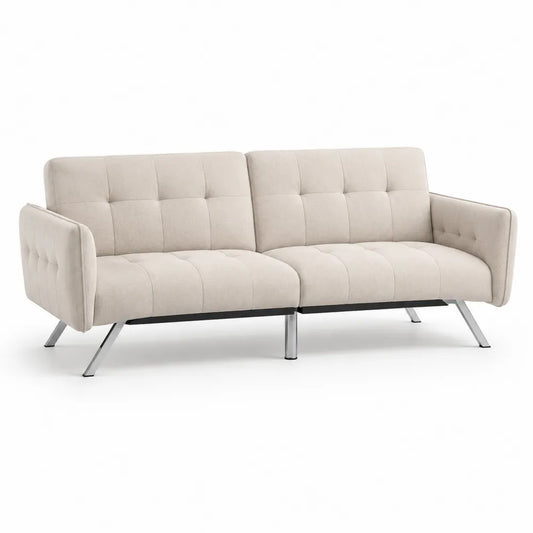 Canapé 2 places tissu polyester effet lin pieds en acier chromé structure bois massif beige 160 cm x 85 cm x 90 cm