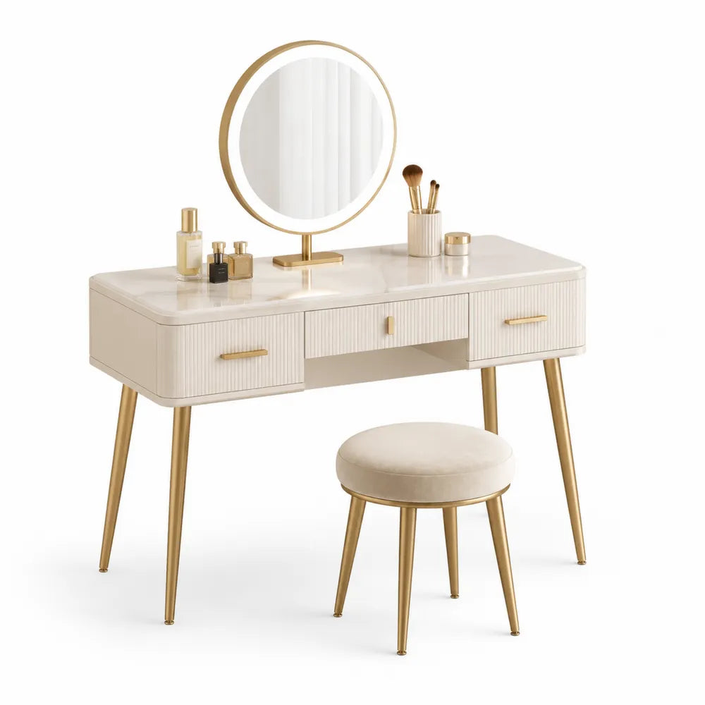 Coiffeuse rectangulaire avec miroir rond et tabouret 3 tiroirs plateau effet marbre blanc pieds métal doré 100 x 40 x 130 cm
