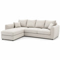 Canapé d’angle 4 places avec méridienne tissu polyester beige structure bois et mousse polyuréthane 240 cm x 160 cm x 85 cm