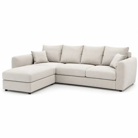 Canapé d’angle 4 places avec méridienne tissu polyester beige structure bois et mousse polyuréthane 240 cm x 160 cm x 85 cm