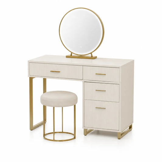 Coiffeuse rectangulaire avec miroir rond et tabouret structure MDF finition ivoire pieds en acier doré 100 x 40 x 130 cm