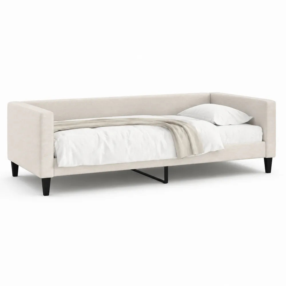 Lit simple 90 x 200 cm cadre banquette avec accoudoirs tissu polyester beige structure bois métal pieds noirs