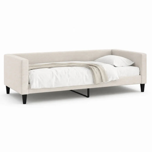 Lit simple 90 x 200 cm cadre banquette avec accoudoirs tissu polyester beige structure bois métal pieds noirs