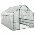 Serre de jardin rectangulaire acier thermolaqué vert bâche PE armée transparente étagères intérieures porte enroulable 600 cm 300 cm 200 cm toit à deux pentes