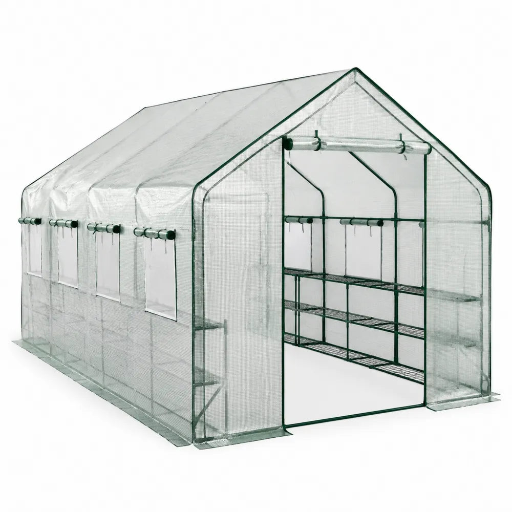 Serre de jardin rectangulaire acier thermolaqué vert bâche PE armée transparente étagères intérieures porte enroulable 600 cm 300 cm 200 cm toit à deux pentes
