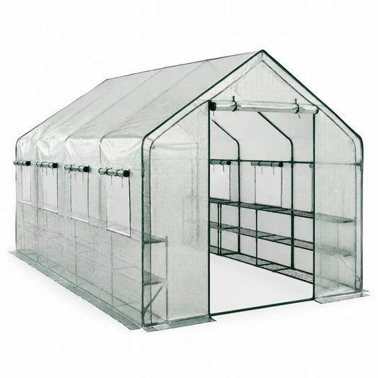 Serre de jardin rectangulaire acier thermolaqué vert bâche PE armée transparente étagères intérieures porte enroulable 600 cm 300 cm 200 cm toit à deux pentes