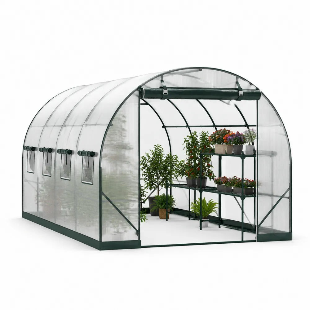 Serre de jardin tunnel polycarbonate acier galvanisé étagères portes enroulables vert transparent 300 x 200 x 200 cm
