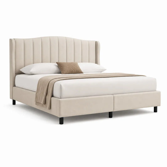 Lit double 160 x 200 cm cadre de lit tête de lit capitonnée verticale tissu polyester microfibre beige pieds acier noir structure bois MDF forme rectangulaire