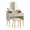 Coiffeuse avec miroir LED arrondi et tabouret 2 tiroirs MDF finition beige clair pieds métal doré forme rectangulaire