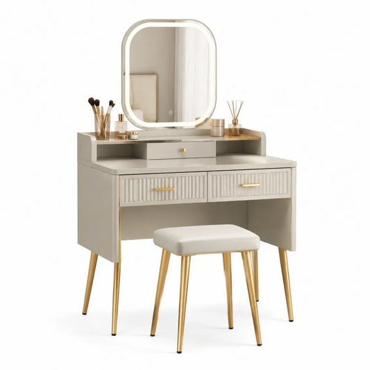 Coiffeuse avec miroir LED arrondi et tabouret 2 tiroirs MDF finition beige clair pieds métal doré forme rectangulaire