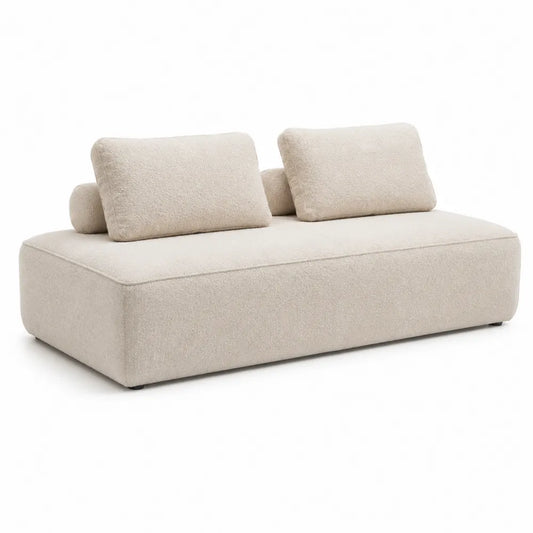 Canapé 2 places 180 x 90 x 70 cm structure bois et contreplaqué tissu polyester bouclé mousse polyuréthane beige pieds en plastique