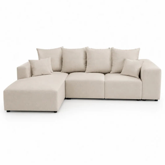 Canapé d’angle gauche 3 places avec méridienne tissu polyester effet lin 280 cm x 160 cm x 85 cm pieds noir structure bois