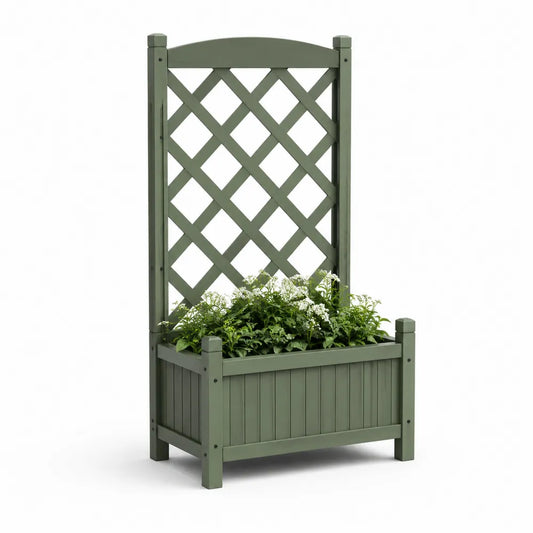 Bac à fleurs avec treillis rectangulaire bois de sapin traité structure panneaux lattes peintes vert olive jardinière surélevée 120 cm 40 cm 150 cm