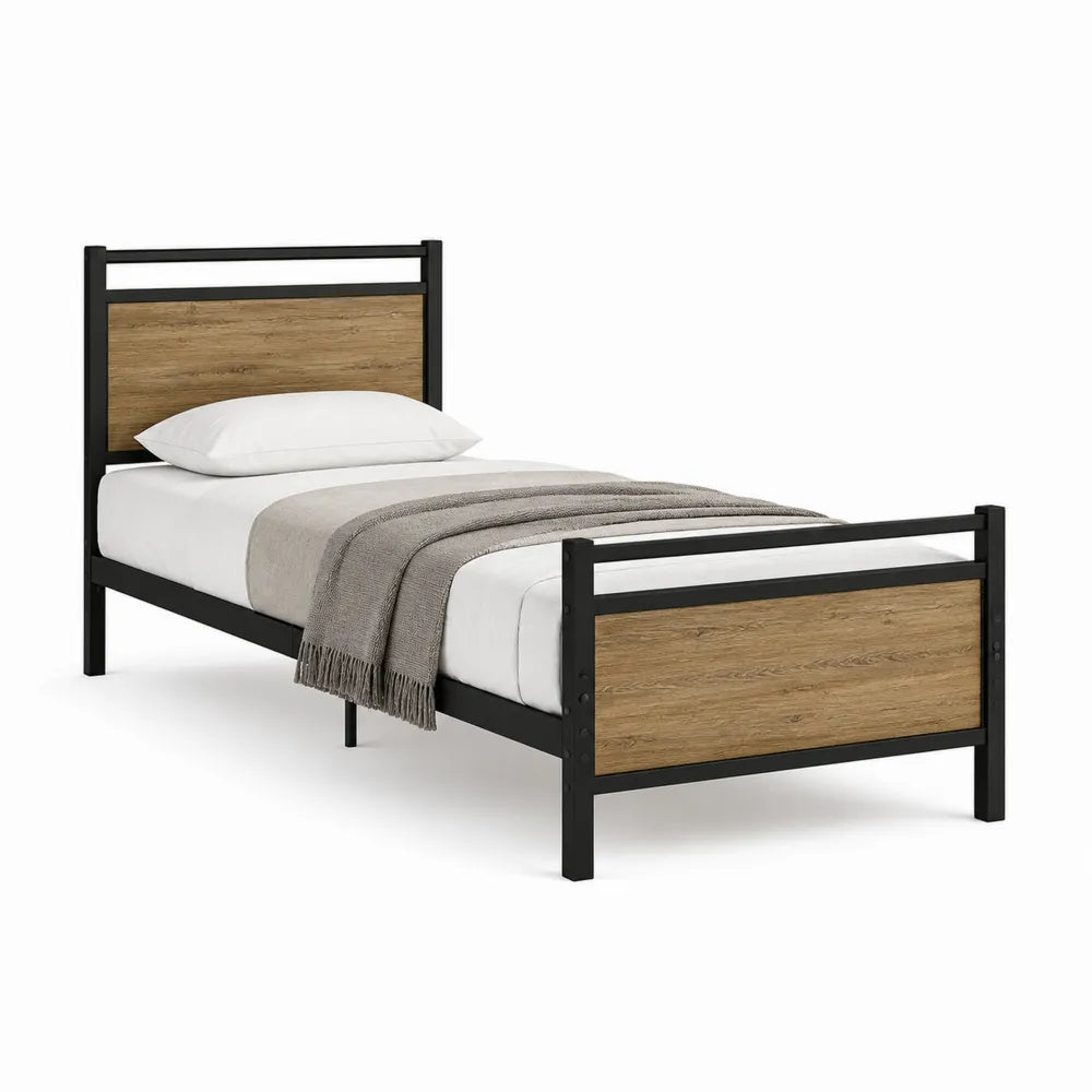 Lit simple 90 x 200 cm cadre en acier tubulaire noir tête et pied en panneaux bois imitation chêne clair sommier à lattes structure rectangulaire