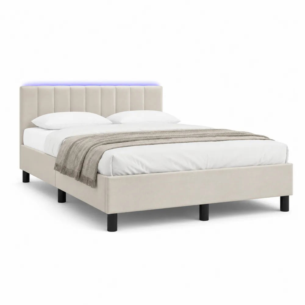 Lit double 160 x 200 cm tête de lit capitonnée verticale LED intégré tissu polyester beige pieds métal noir
