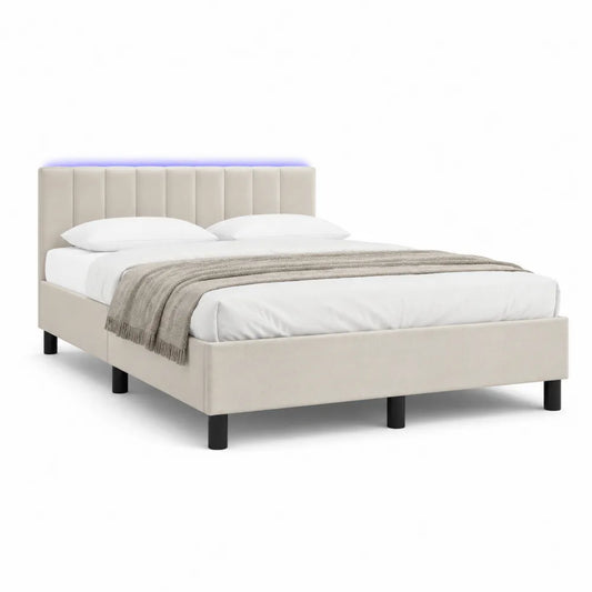 Lit double 160 x 200 cm tête de lit capitonnée verticale LED intégré tissu polyester beige pieds métal noir