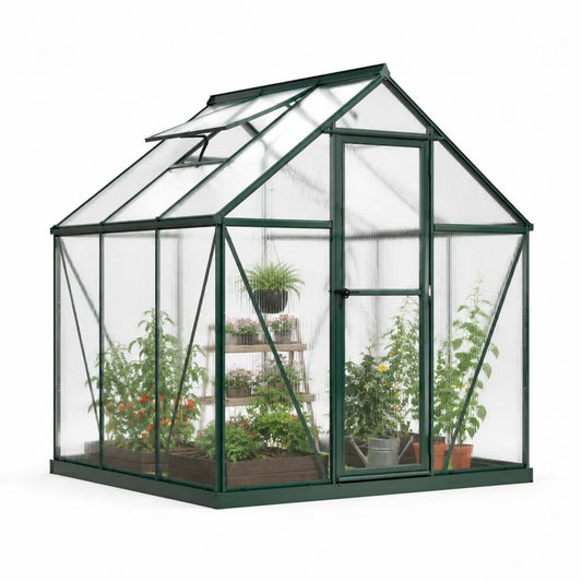Serre de jardin rectangulaire en polycarbonate transparent avec structure en acier peint vert porte battante lucarne de toit 250 cm x 190 cm x 195 cm