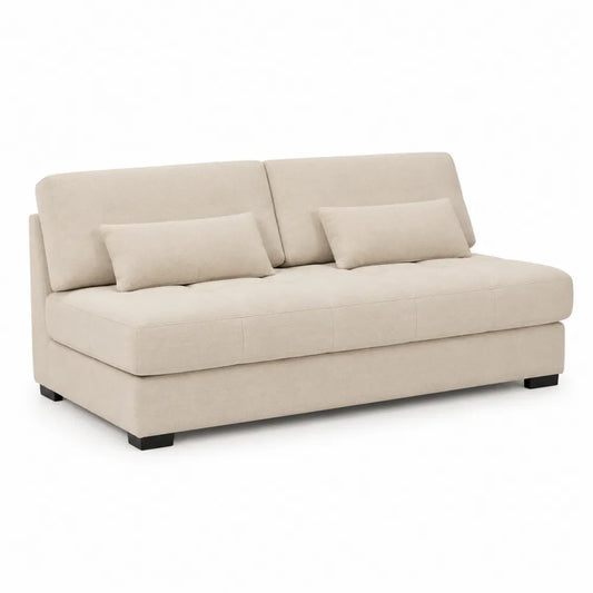 Canapé 3 places fixe tissu polyester beige structure bois massif et contreplaqué pieds bois 200 cm x 95 cm x 85 cm