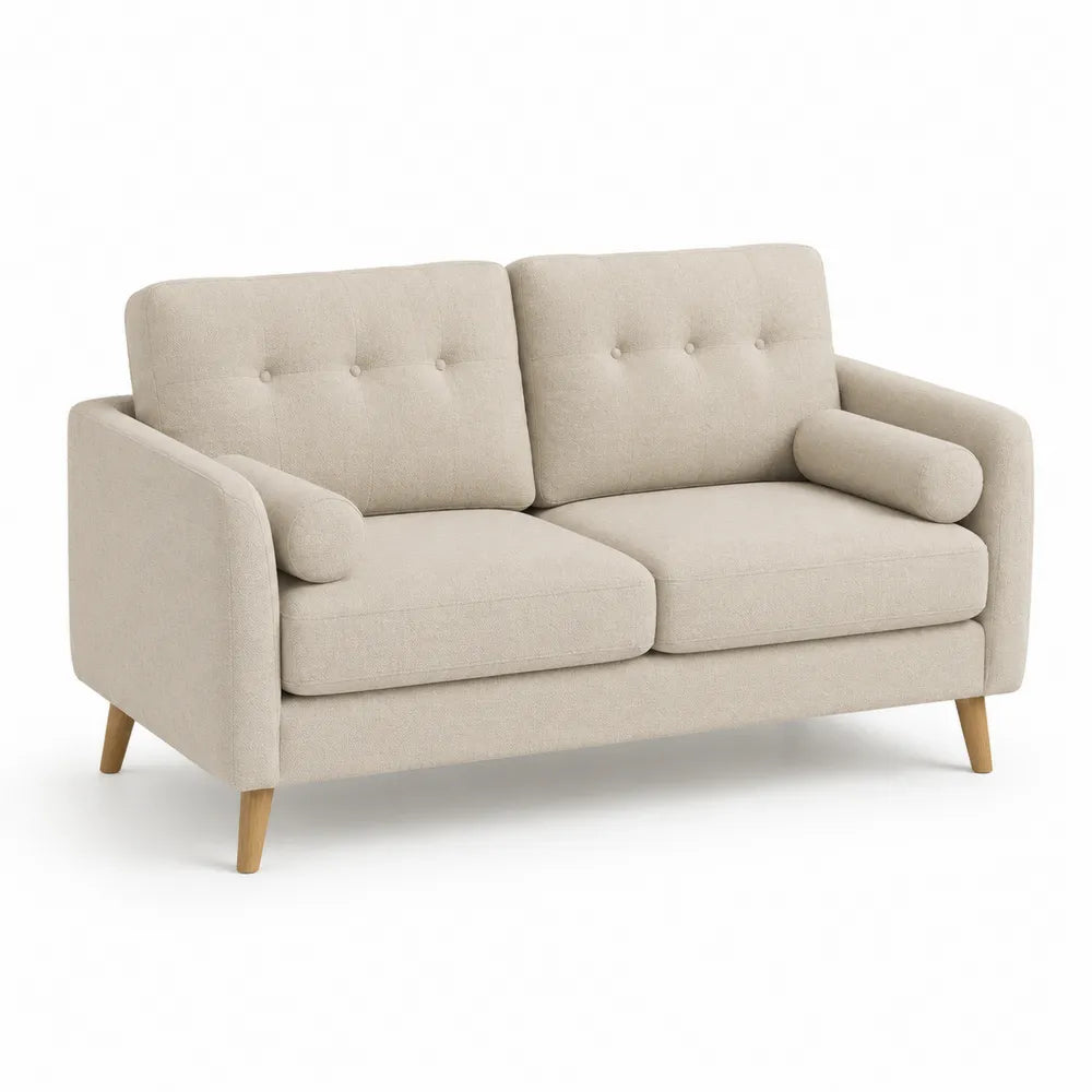 Canapé 2 places rectangulaire 160 x 85 x 85 cm revêtement tissu polyester beige pieds bois massif