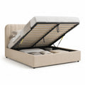 Lit coffre 160 x 200 cm cadre de lit avec sommier relevable hydraulique tête de lit rembourrée beige structure bois MDF et acier pieds noirs
