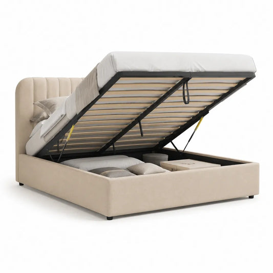 Lit coffre 160 x 200 cm cadre de lit avec sommier relevable hydraulique tête de lit rembourrée beige structure bois MDF et acier pieds noirs